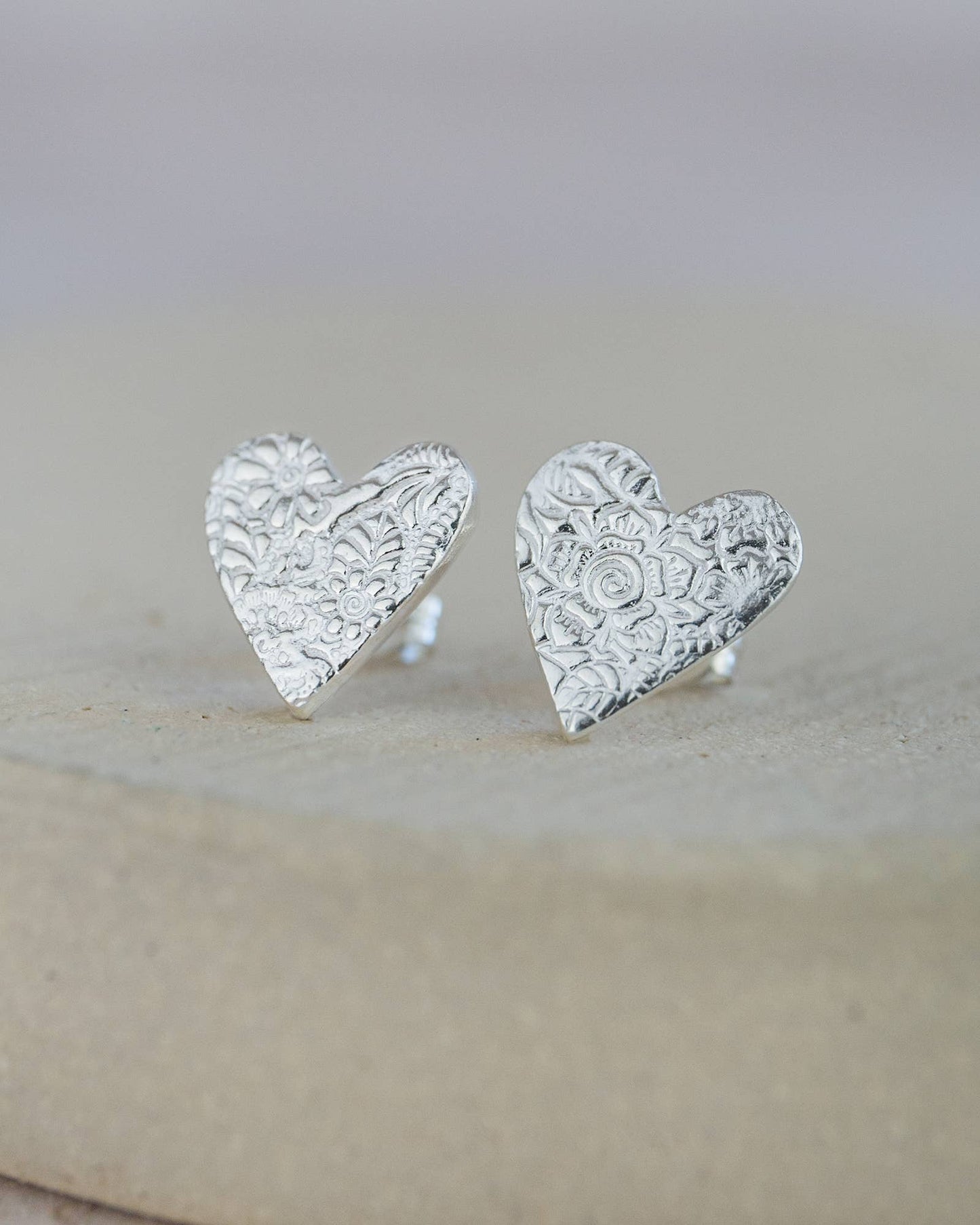 Sterling Silver Textured Heart Stud Earrings