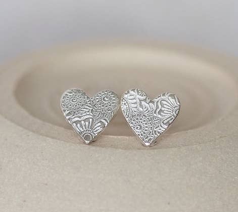 Sterling Silver Textured Heart Stud Earrings