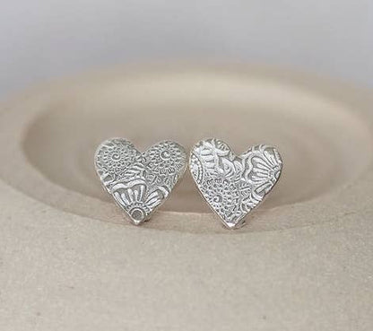 Sterling Silver Textured Heart Stud Earrings