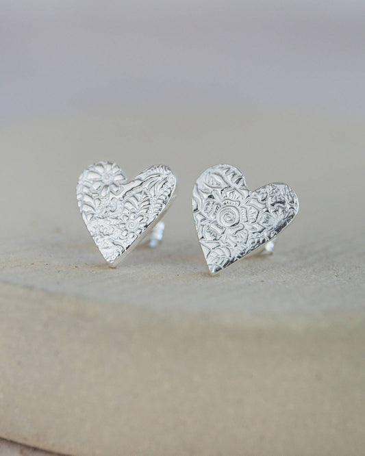 Sterling Silver Textured Heart Stud Earrings