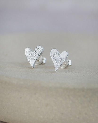 Sterling Silver Textured Tilted Heart Stud Earrings