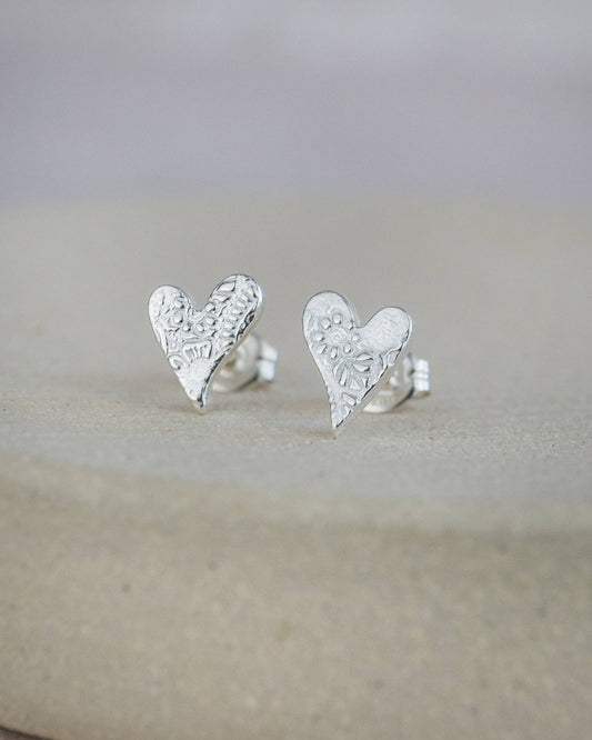Sterling Silver Textured Tilted Heart Stud Earrings