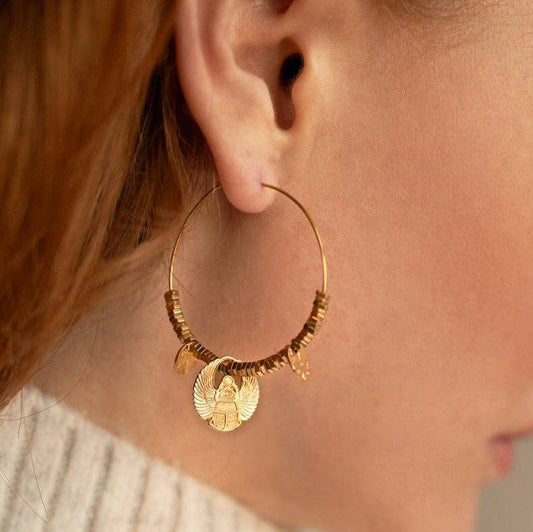 Scarab Beetle Egyptian Gold Beaded Earrings