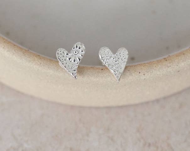 Sterling Silver Textured Tilted Heart Stud Earrings