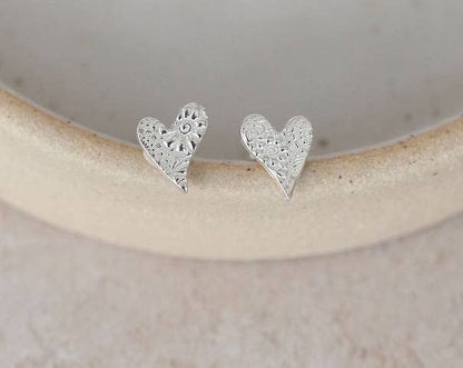 Sterling Silver Textured Tilted Heart Stud Earrings