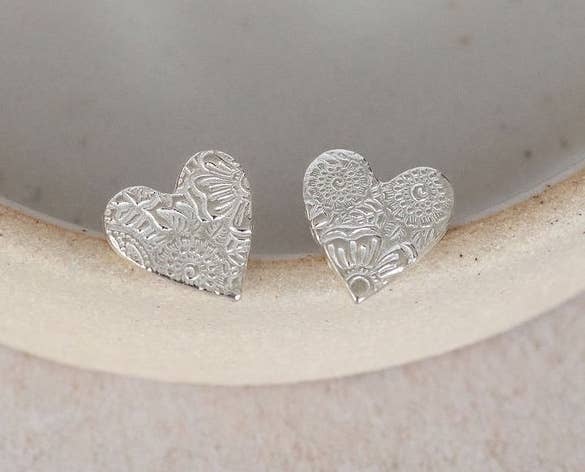 Sterling Silver Textured Heart Stud Earrings