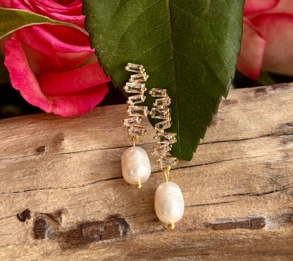 14ct Gold Plated Fresh Water Pearl Zirconia Zigzag Earrings