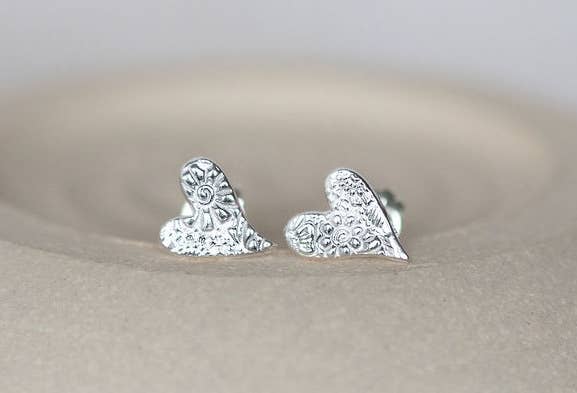 Sterling Silver Textured Tilted Heart Stud Earrings