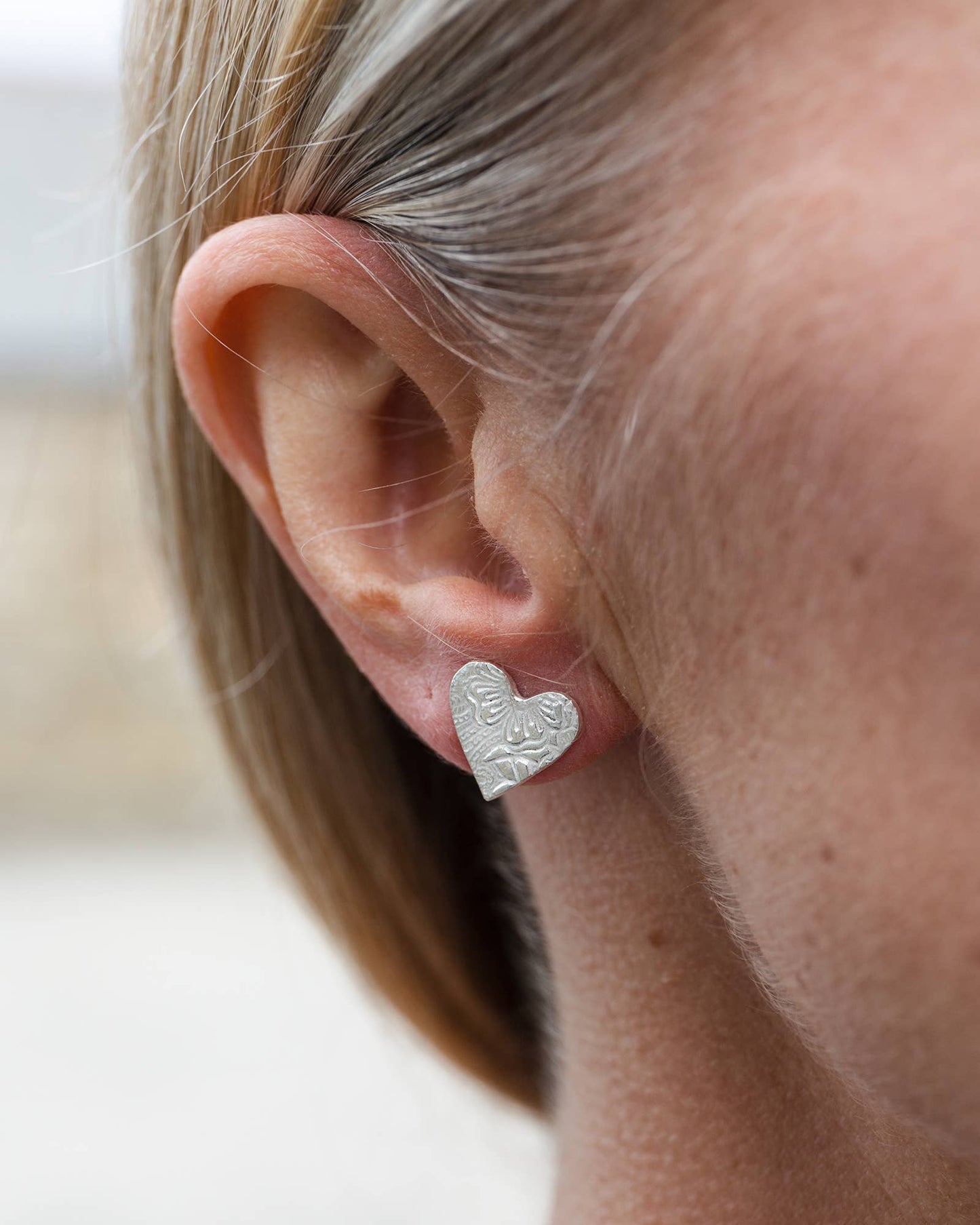 Sterling Silver Textured Heart Stud Earrings
