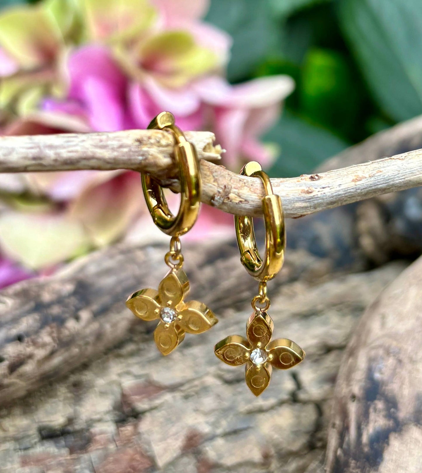 18ct Gold Plated Cubic Zirconia Clover Huggie Earrings