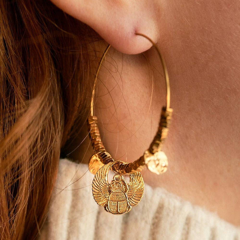 Scarab Beetle Egyptian Gold Beaded Earrings